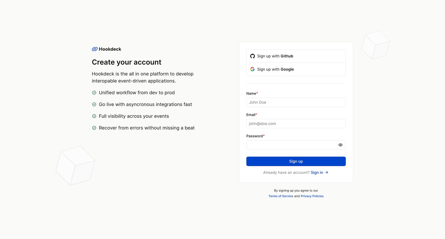 Hookdeck - Sign Up with Hookdeck - Hookdeck screen