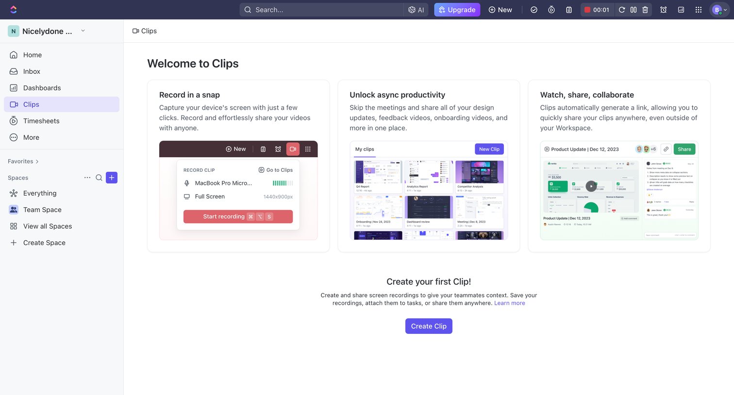 ClickUp - Clips | Nicelydone Workspace 01 screen