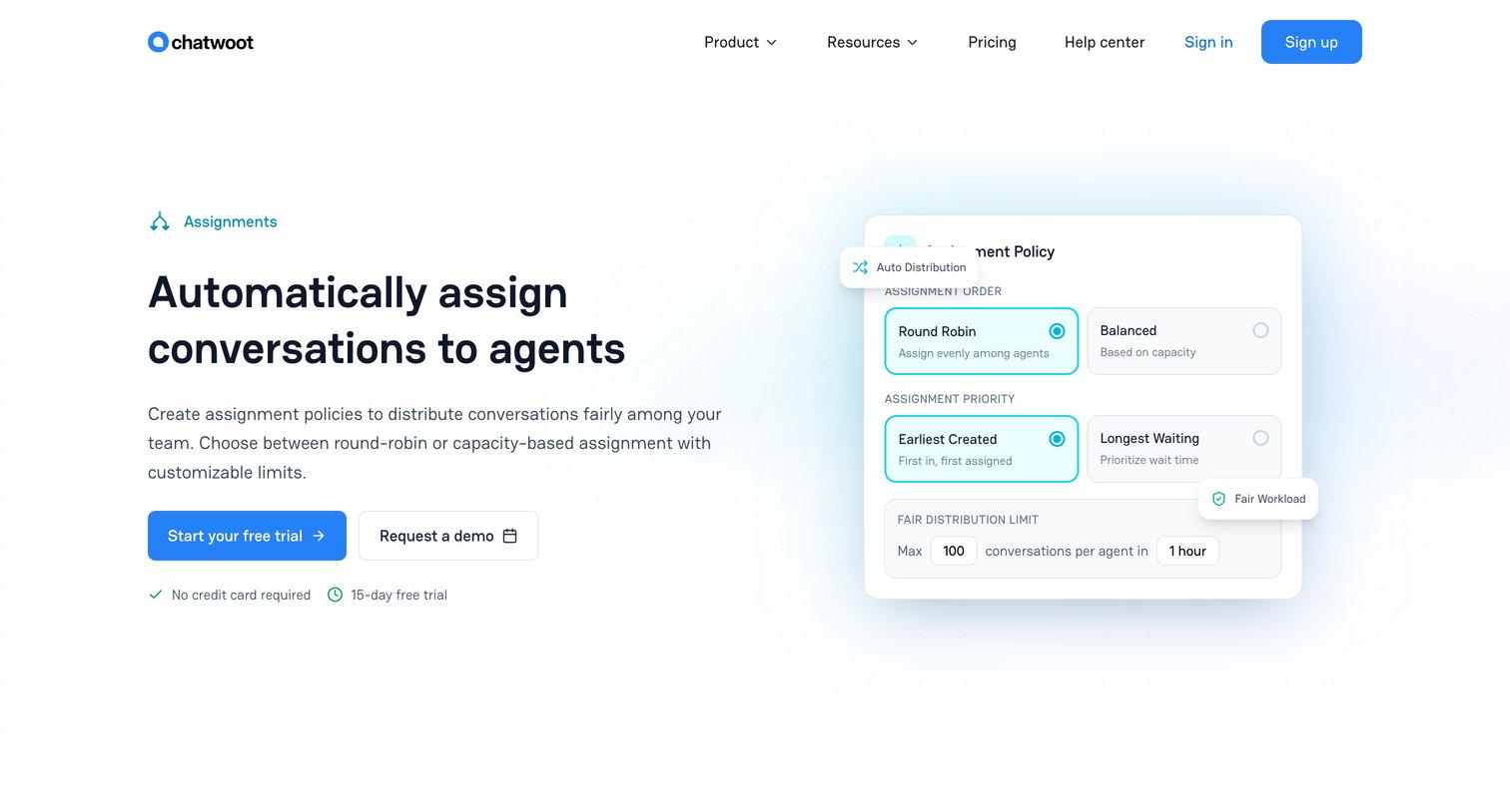 Chatwoot - Assignments - Auto-assign Conversations to Agents  Chatwoot screen