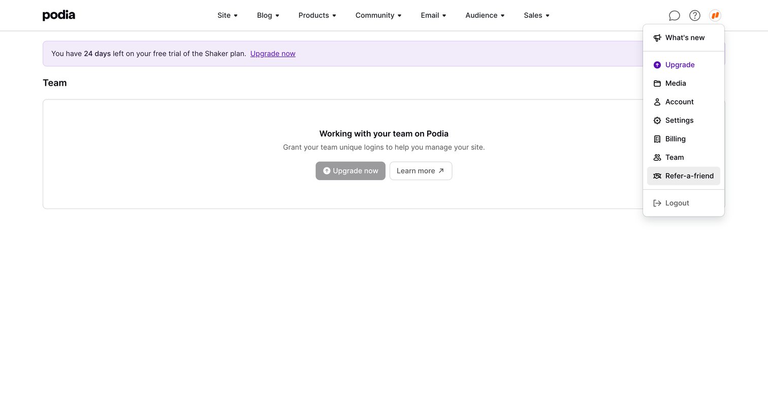 Podia - Podia Team screen