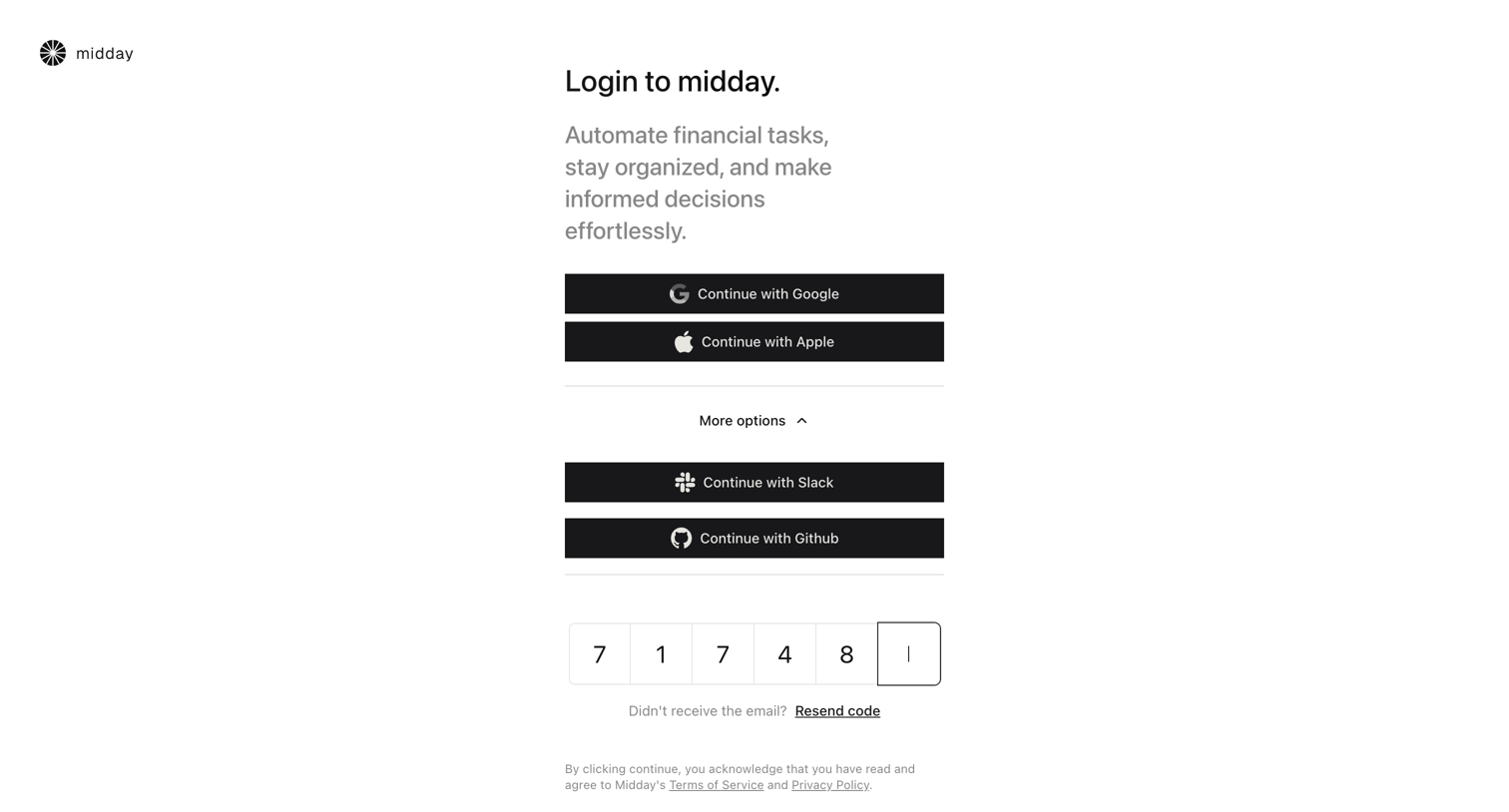 Midday - Login | Midday screen