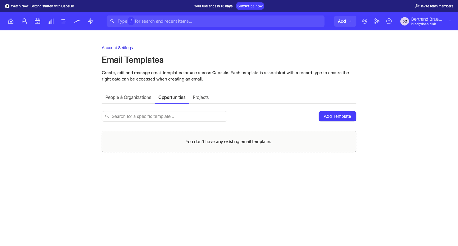 Capsule - Email Templates | Nicelydone club CRM screen