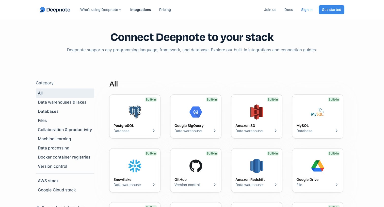 Deepnote - All integrations screen