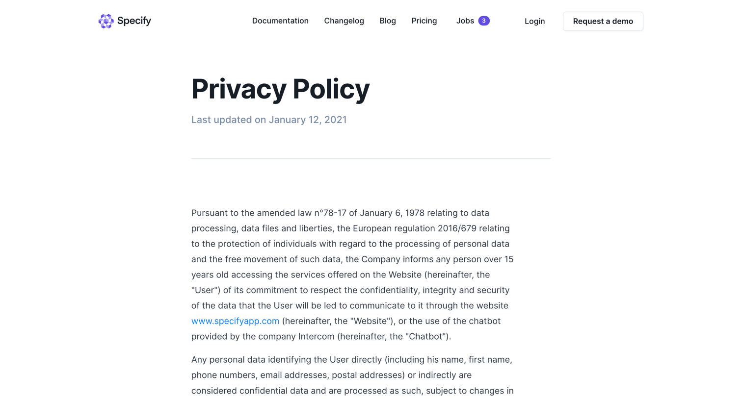 Specify - Specify | Privacy Policy screen