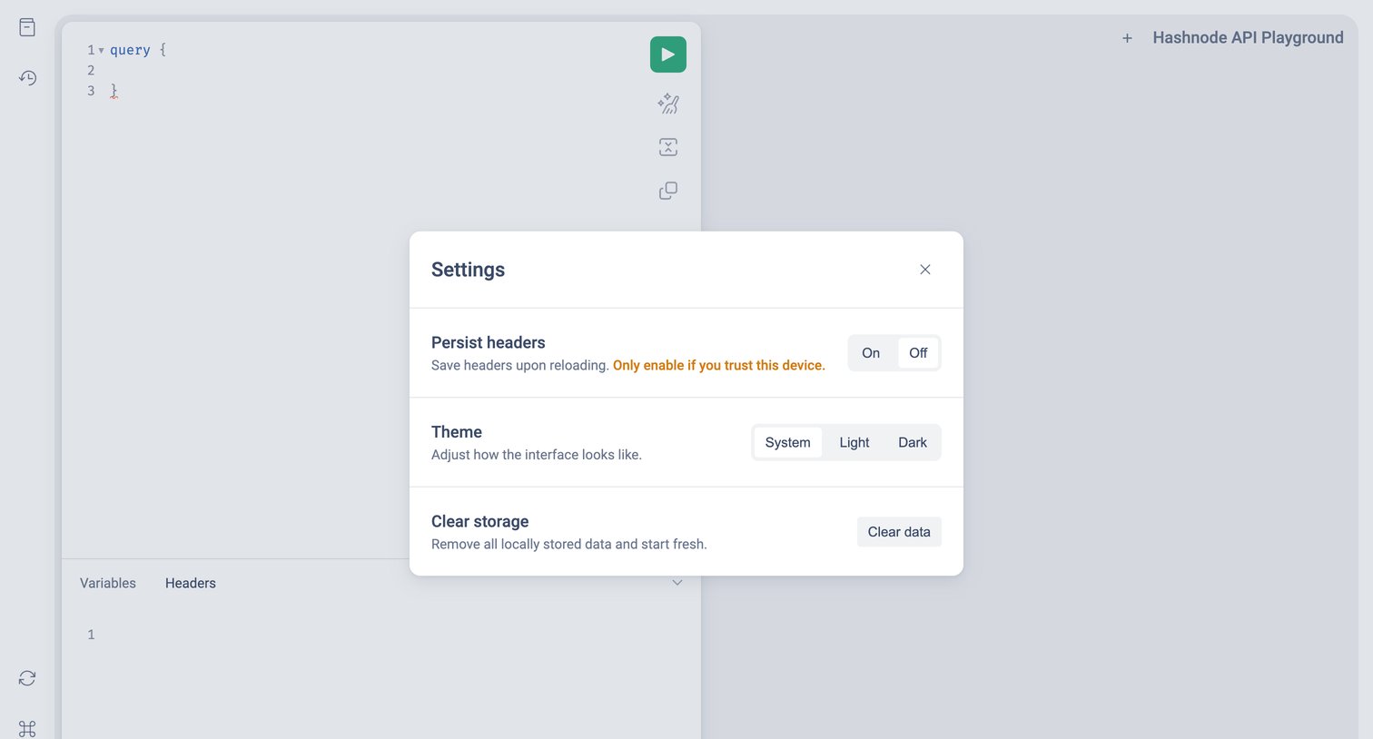 Hashnode - Hashnode API Playground screen