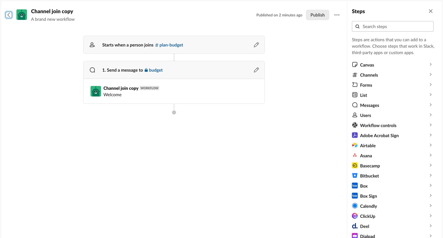 Slack - Channel join copy | Workflow Builder  Nicelydoneclub - Slack screen