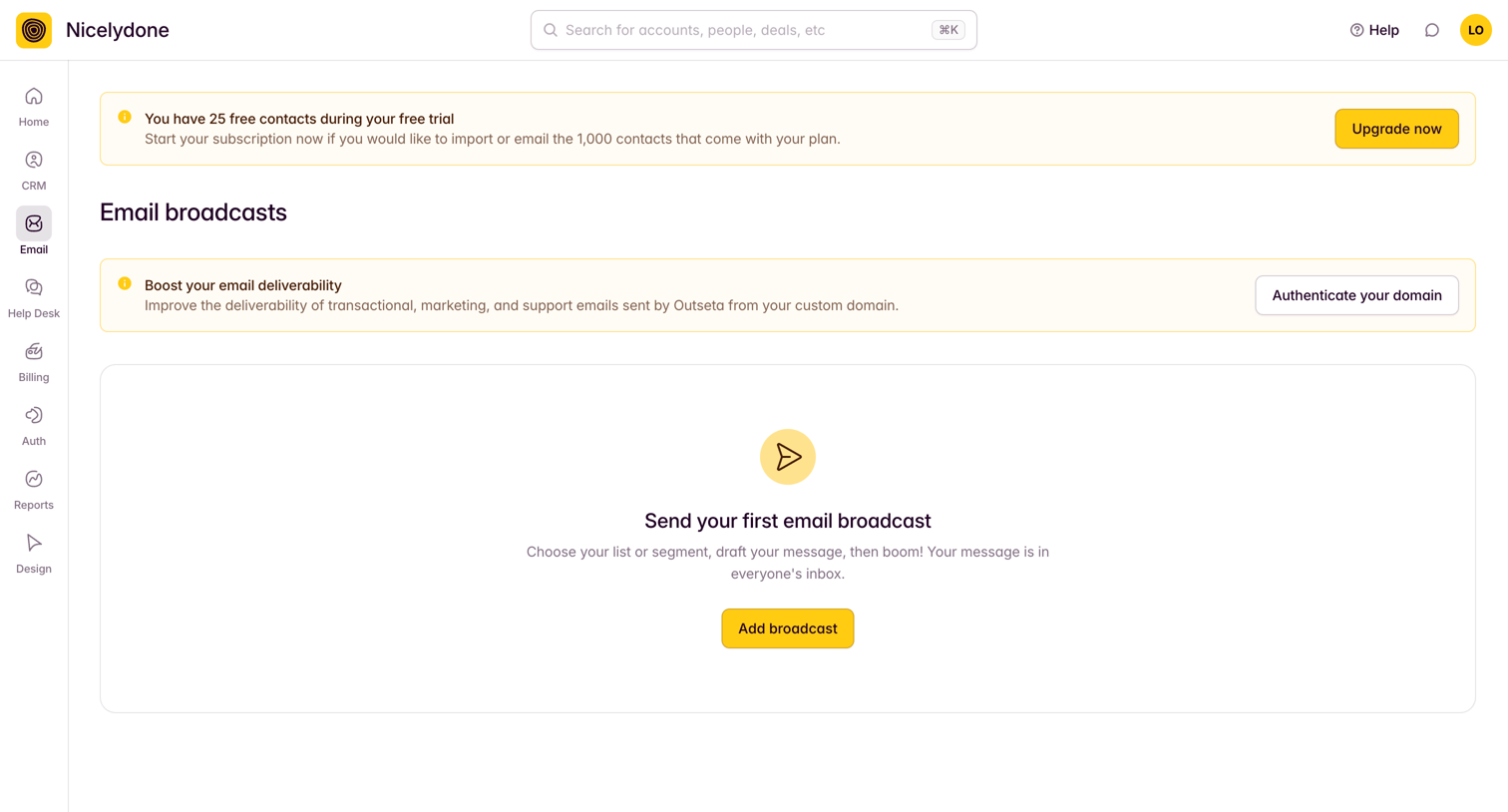 Outseta - View All Email Broadcasts screen