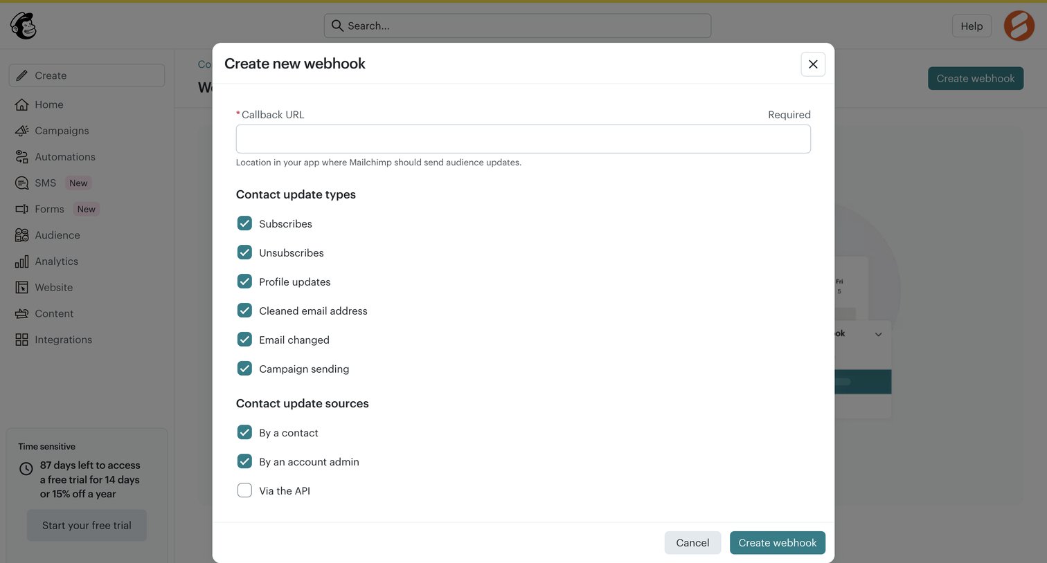 Mailchimp - Webhooks | Mailchimp screen