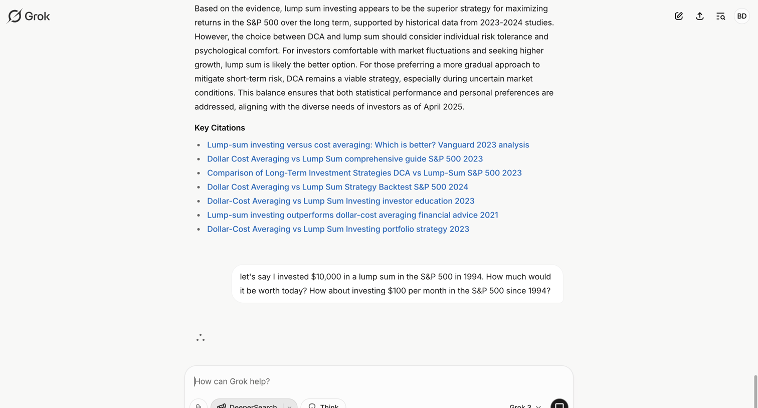 Grok - S&P 500 Investment Strategies: DCA vs. Lump Sum - Grok screen