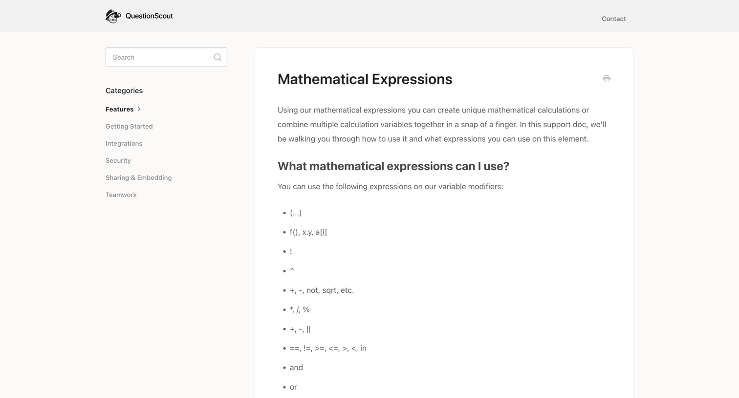 QuestionScout - Mathematical Expressions - QuestionScout Knowledge Base screen