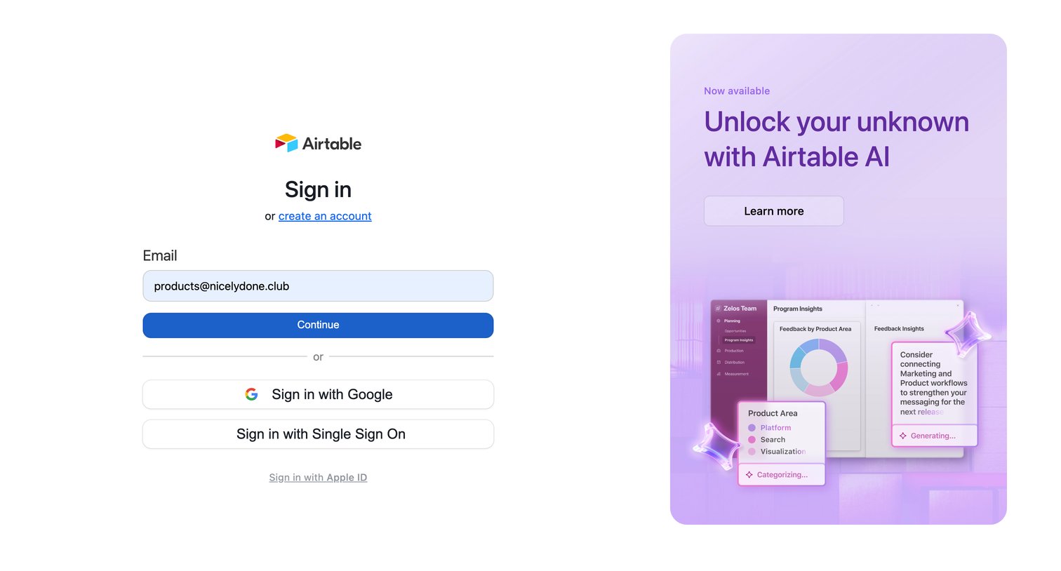 Airtable - Sign in - Airtable screen