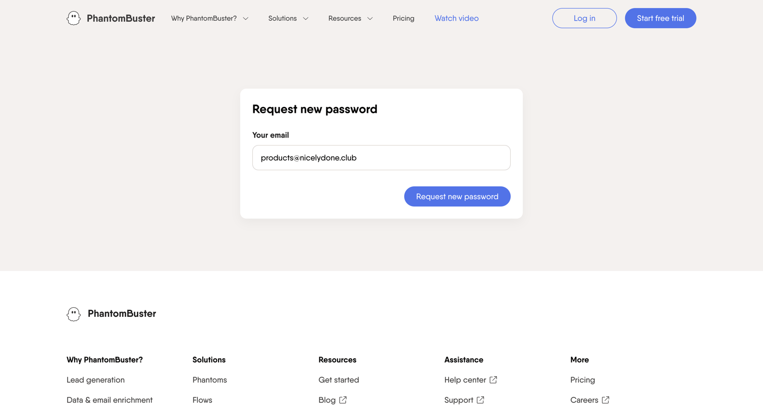 PhantomBuster - Request new password | PhantomBuster screen