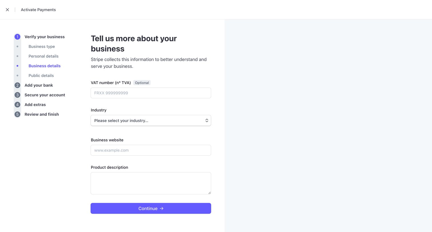 Stripe - Activate your account – New Business – Stripe screen