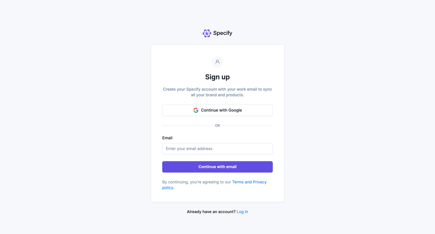 Specify - Specify · Sign up screen