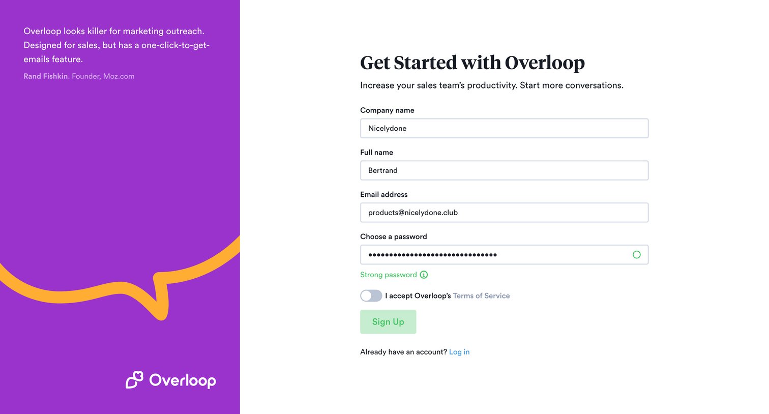 Overloop - Sign up • Overloop screen