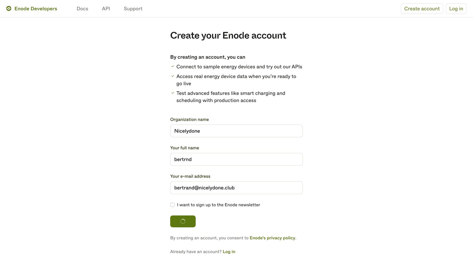 Enode - Create account | Enode Developers screen