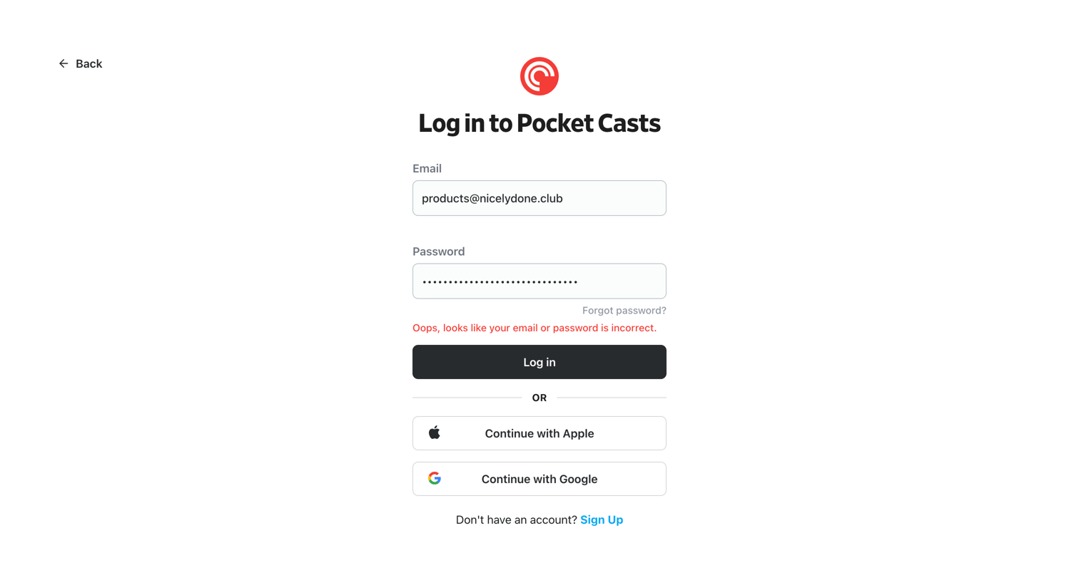 Pocket Casts - Log in - Pocket Casts screen