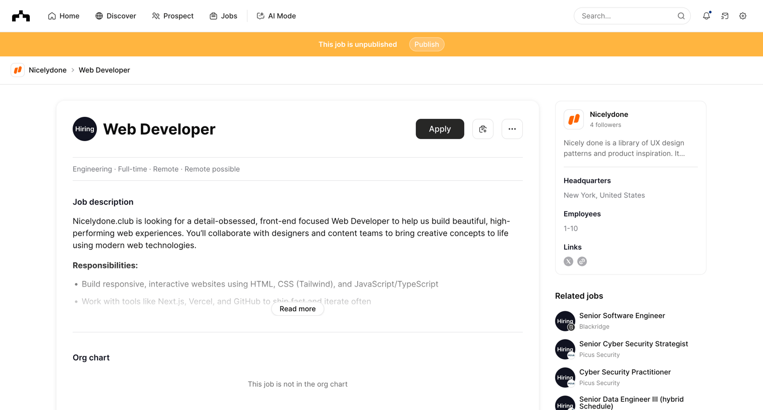 The org - Web Developer at Nicelydone | The Org screen