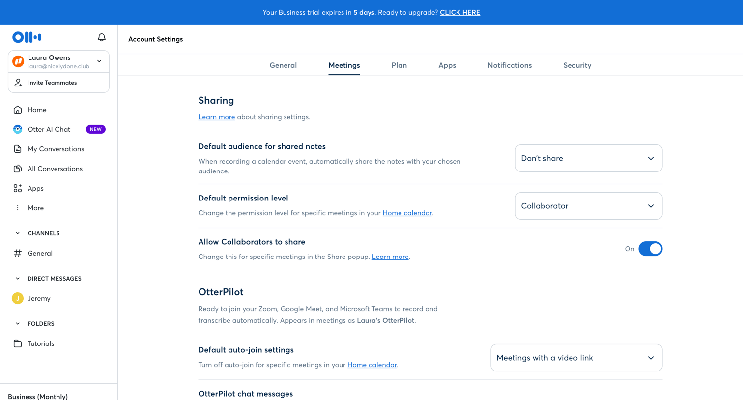Otter - Account Settings - Otter.ai screen