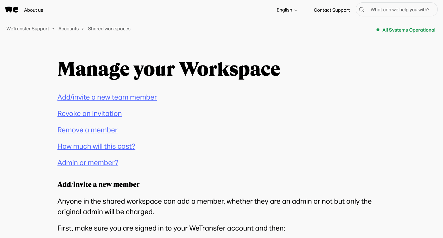 WeTransfer - Manage your Workspace – WeTransfer Support screen