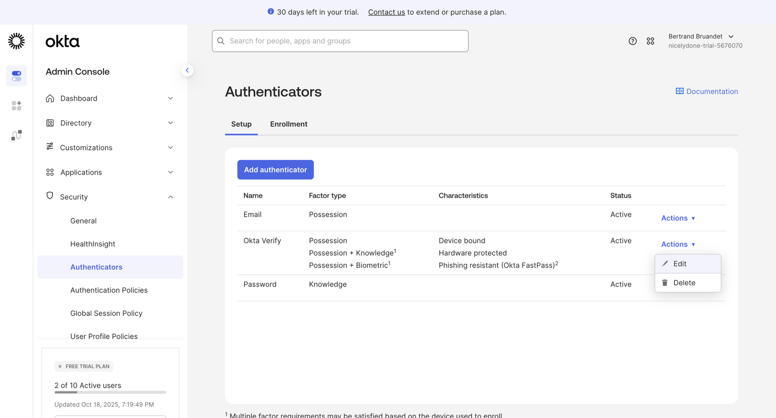 Okta - nicelydone-trial-5676070 - Authenticators screen