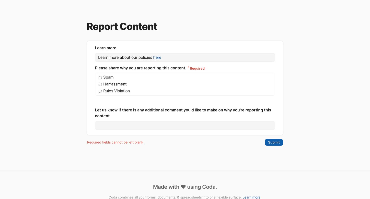 Coda - Report Content screen
