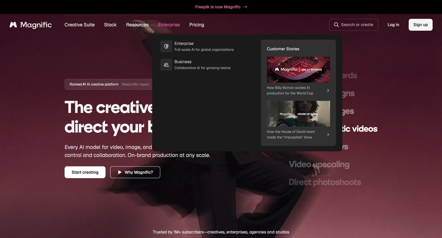 Magnific - Magnific (formerly Freepik) | The AI Creative Platform - hover: Enterprise screen