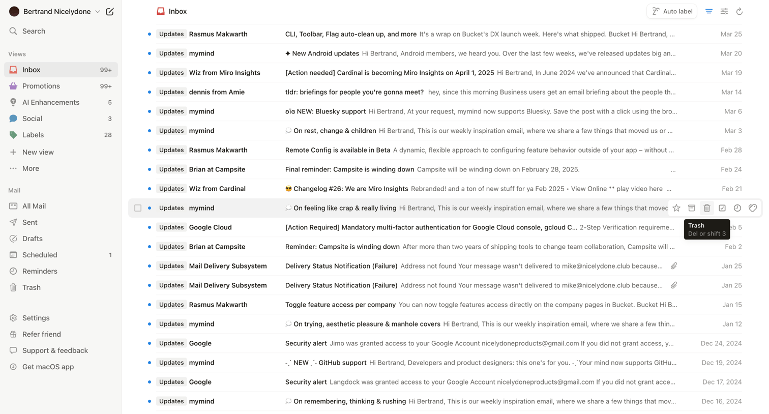 Notion Mail - 99+ • Inbox • nicelydoneproducts@gmail.com • Notion Mail screen