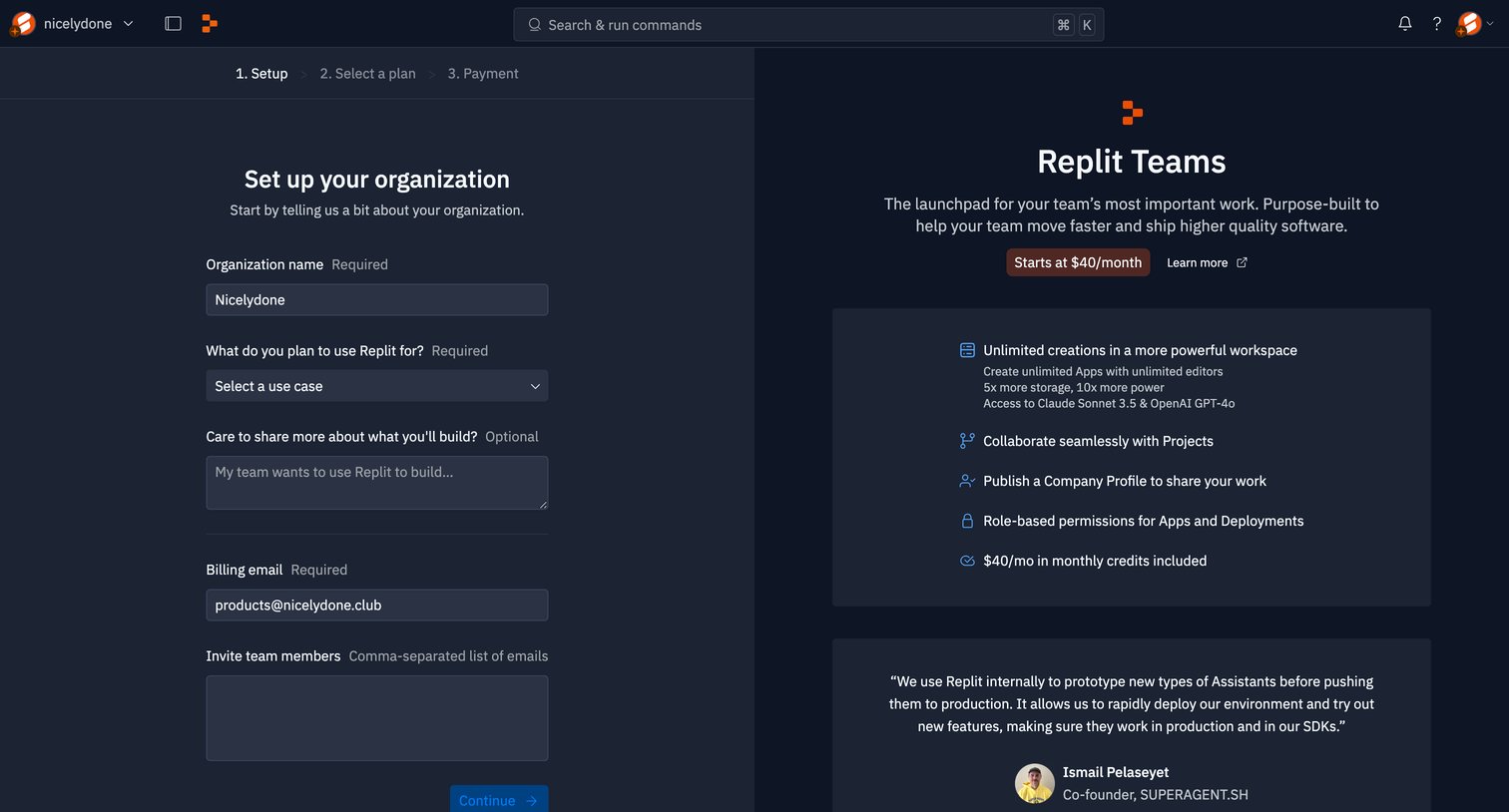 Replit - Create a Replit Teams Organization - Replit screen