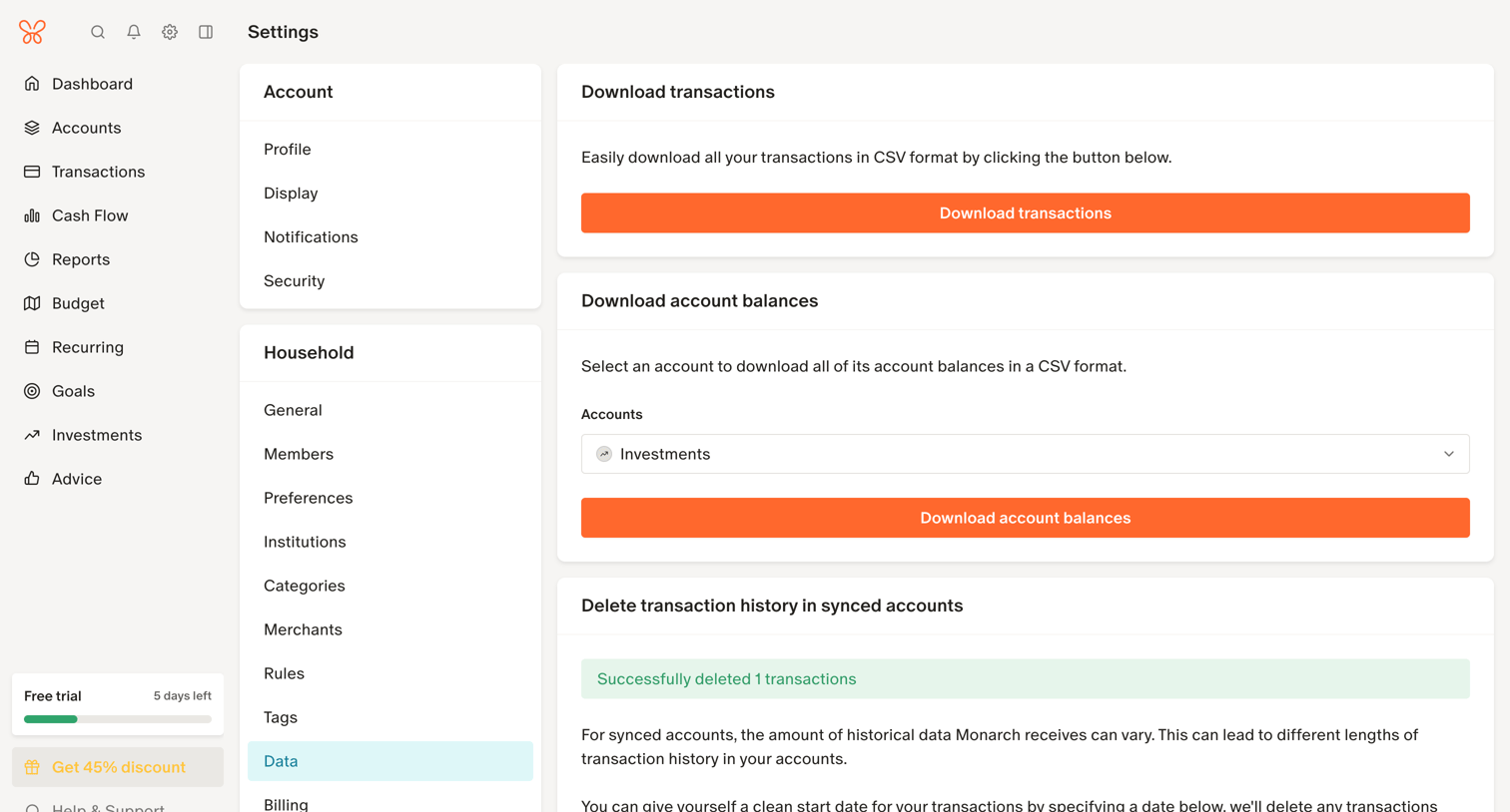 Monarch - Delete transaction history in synced accounts screen
