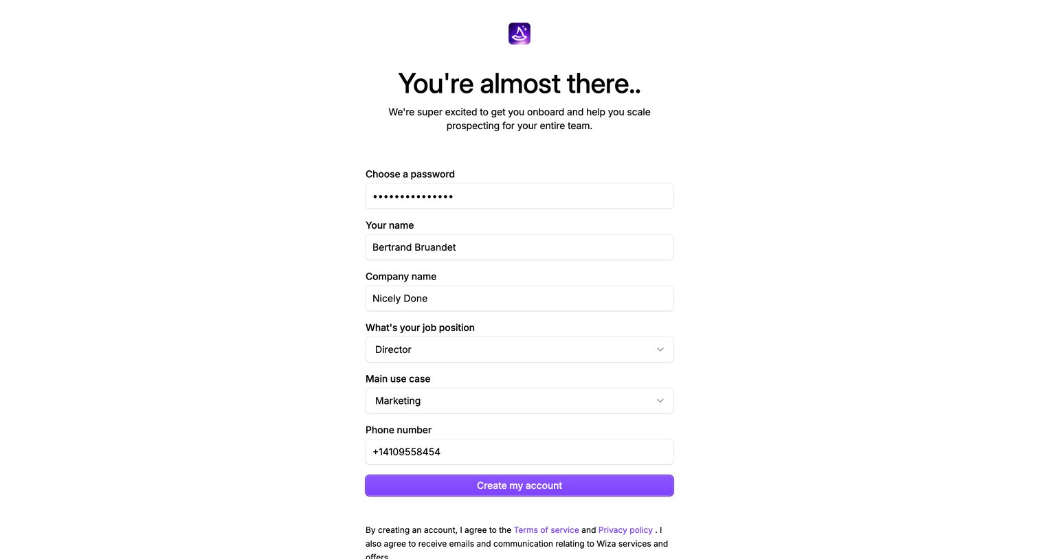 Wiza - Wiza - Create an account screen
