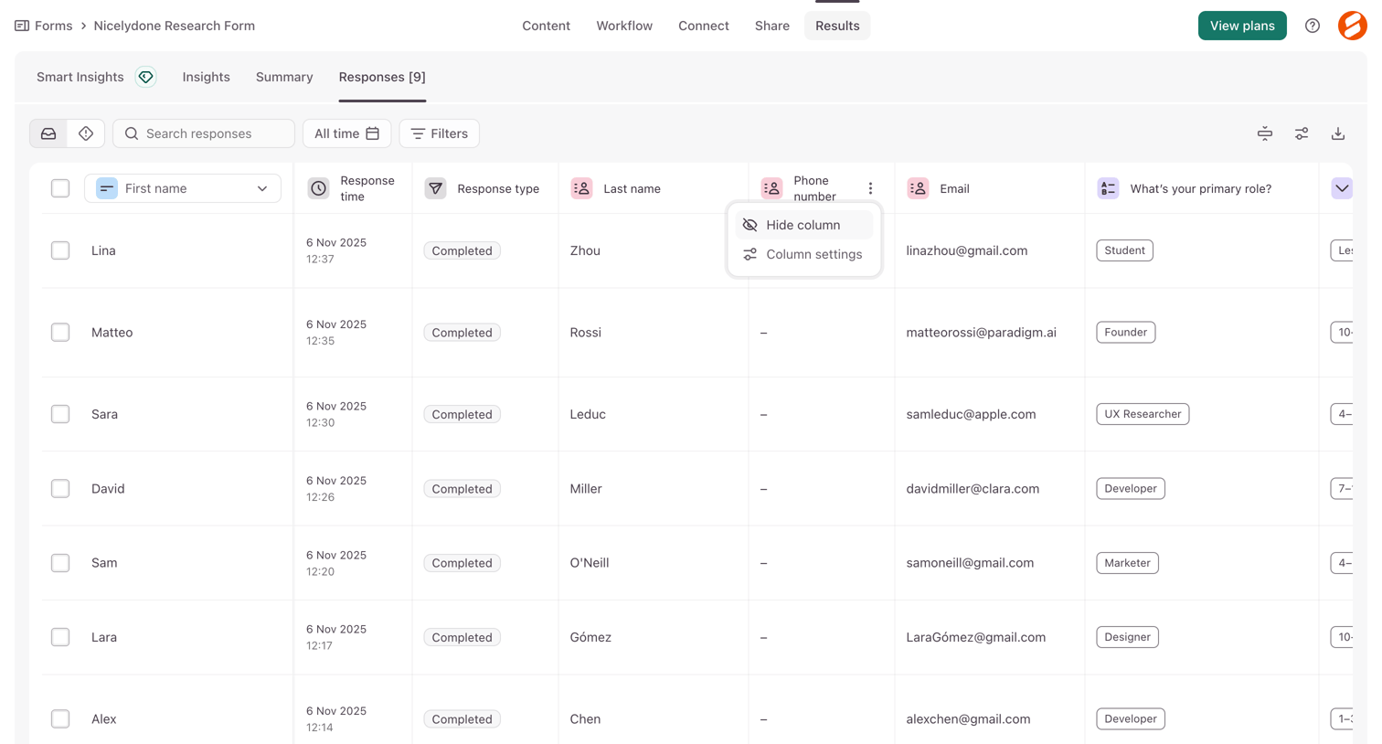 Typeform - Typeform - Results Table screen