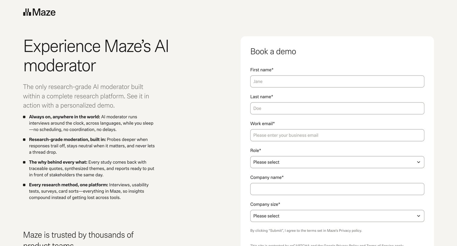 Maze - AI Moderated Interviews Request a demo of Maze's AI moderator screen