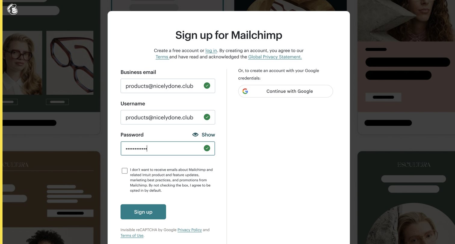 Mailchimp - Sign Up for Mailchimp screen
