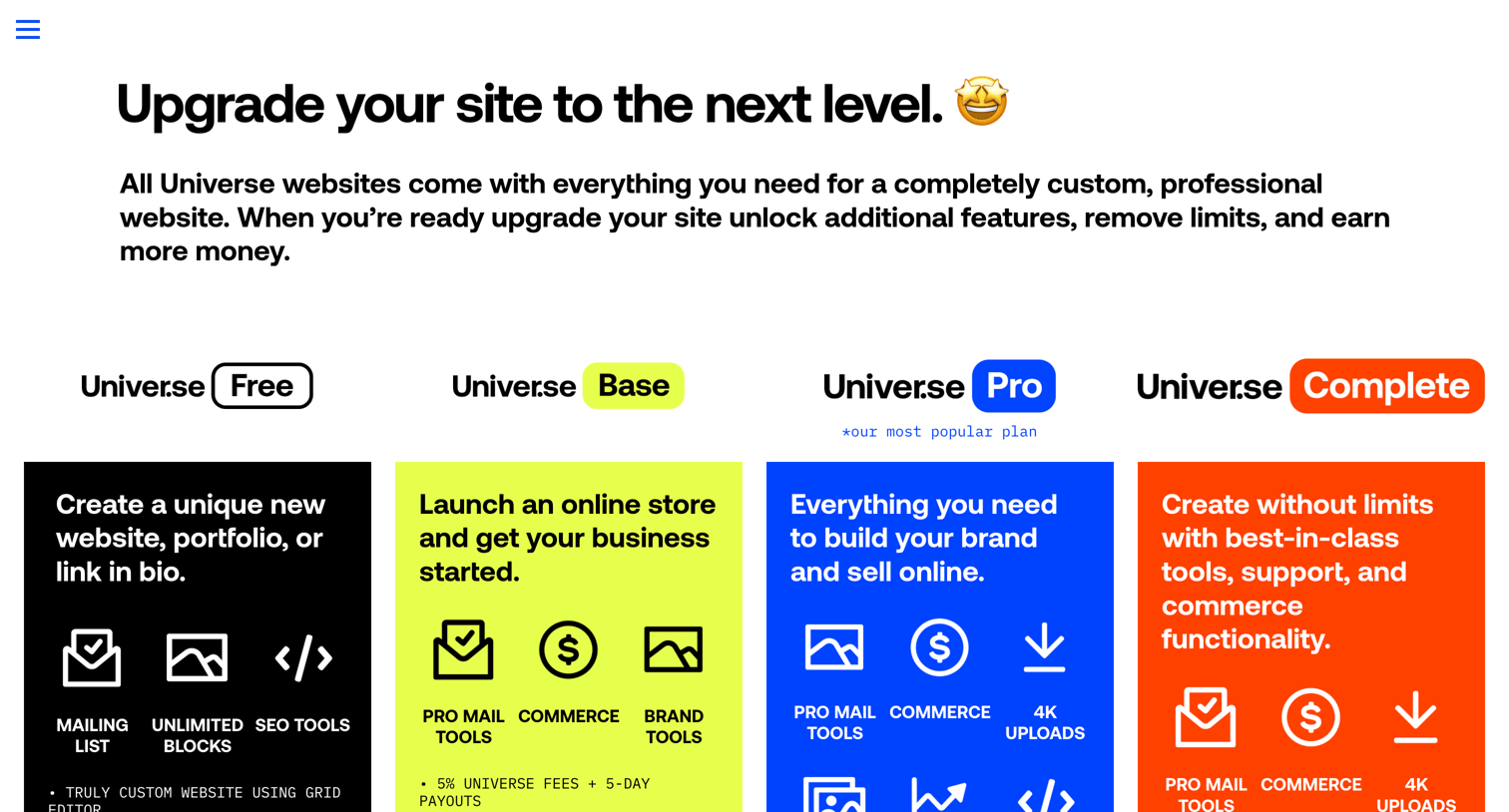 Universe - Pricing + Plans - Universe Website Builder Design Custom Sites with No Code screen