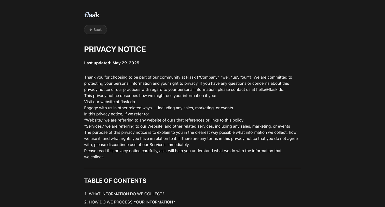Flask - Privacy Policy | Flask screen