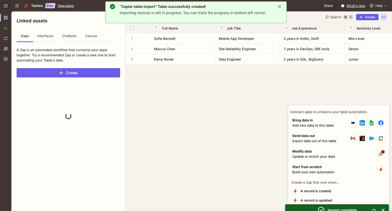 Zapier - Zapier table import | Zapier screen