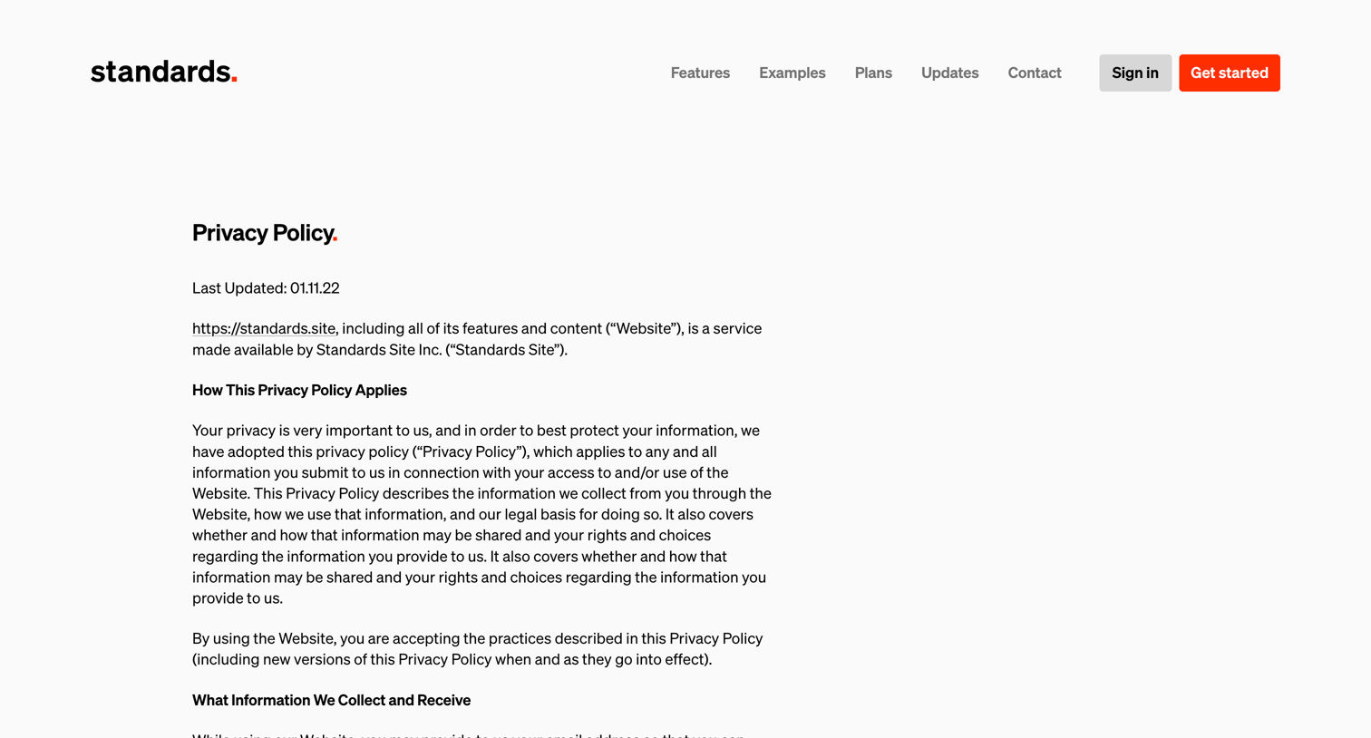 Standards - Privacy Policy — Standards screen