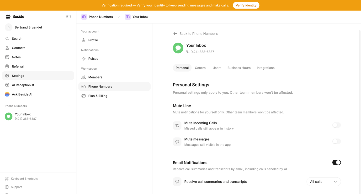 Beside - Your Inbox - Phone Numbers - Beside screen
