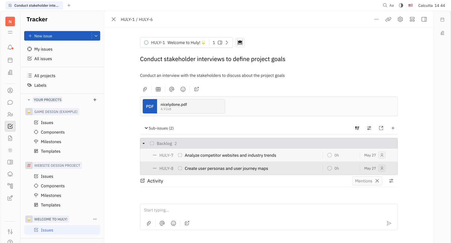 Huly - Conduct stakeholder interviews to define project goals - Nicelydone screen