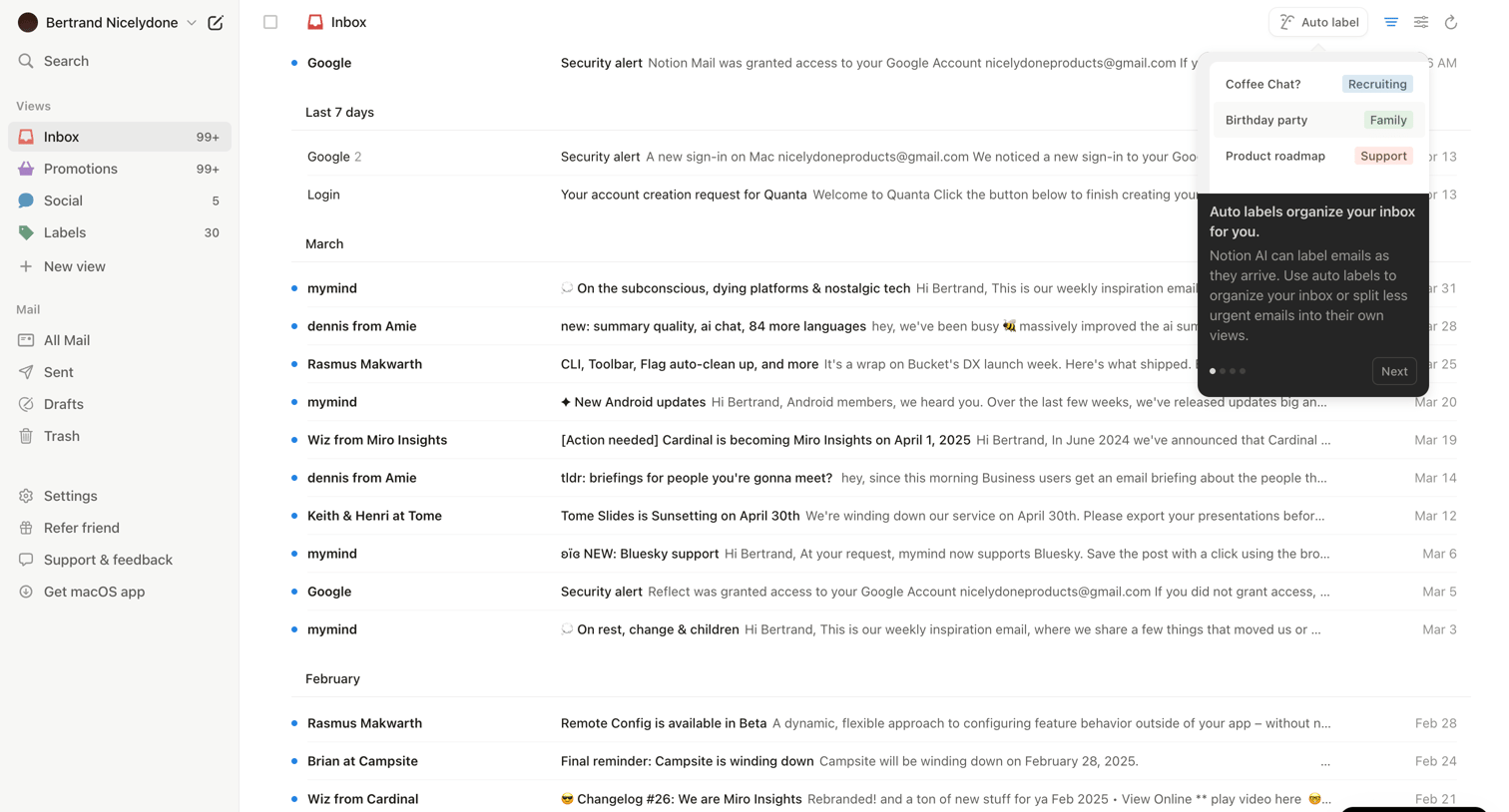 Notion Mail - 99+ • Inbox • nicelydoneproducts@gmail.com • Notion Mail screen