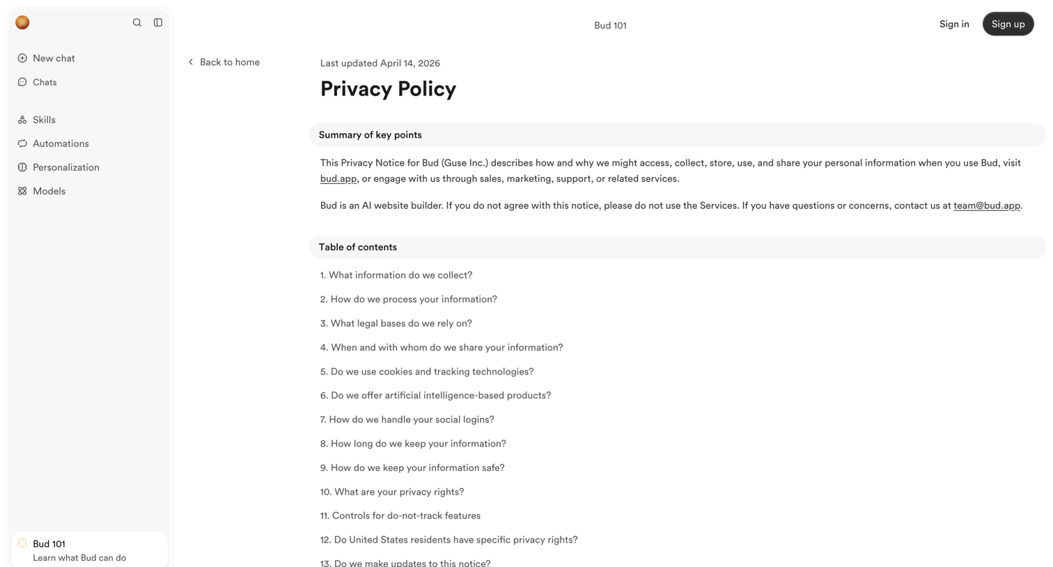 Bud - Privacy Policy - Bud screen