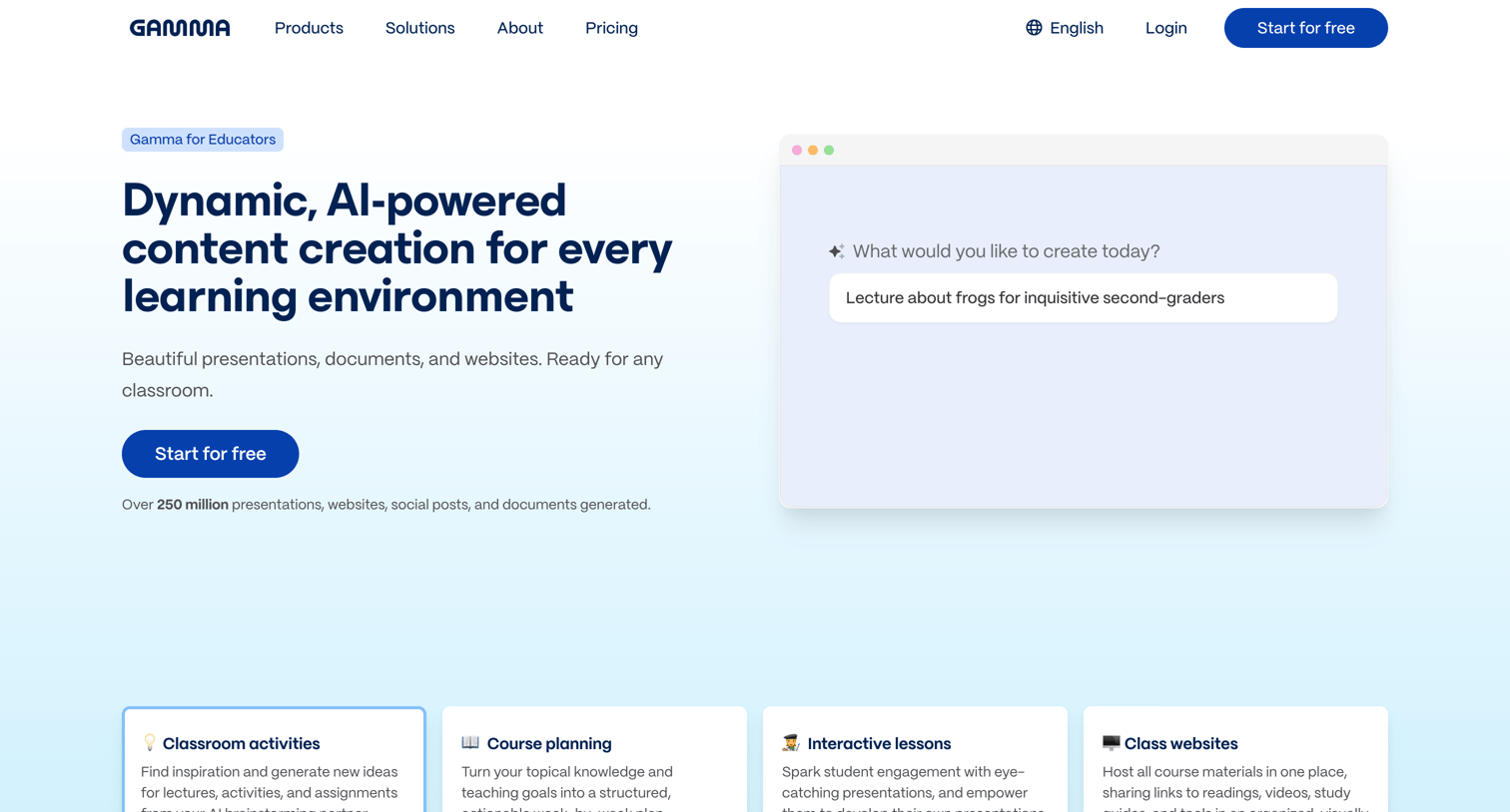 Gamma - Gamma for educators | Create engaging lessons  materials with AI  Gamma screen