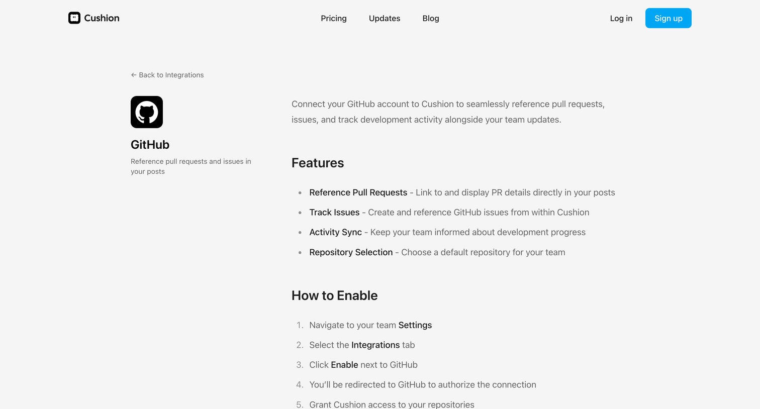 Cushion - GitHub Integration  Cushion screen