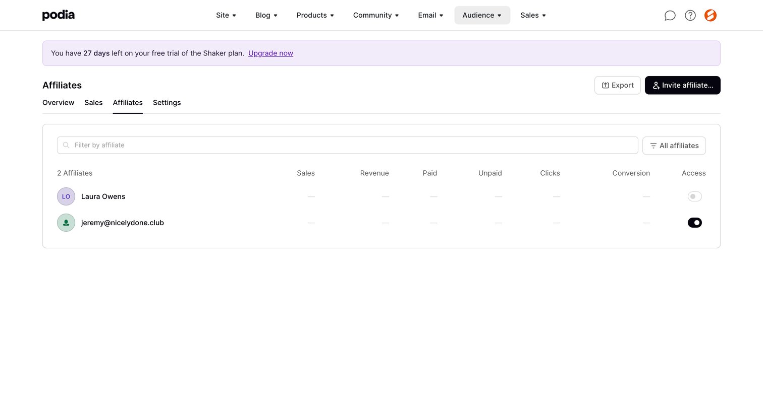 Podia - Podia Affiliates screen