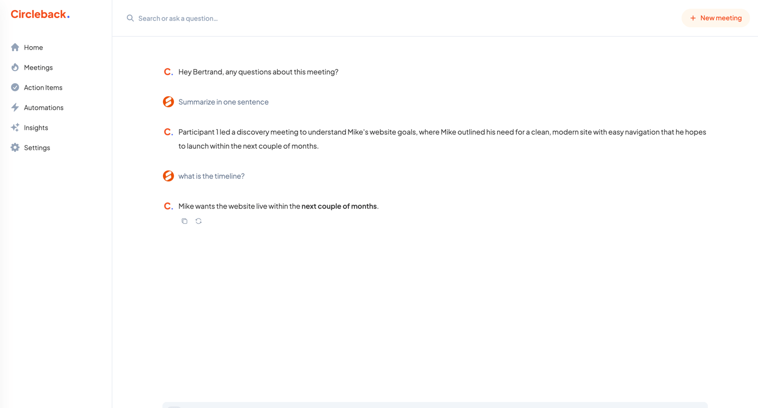 Circleback - Hey Bertrand, any questions about this meeting? - Circleback screen