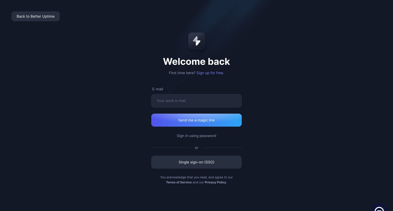 Better Stack - Sign in | Better Uptime screen
