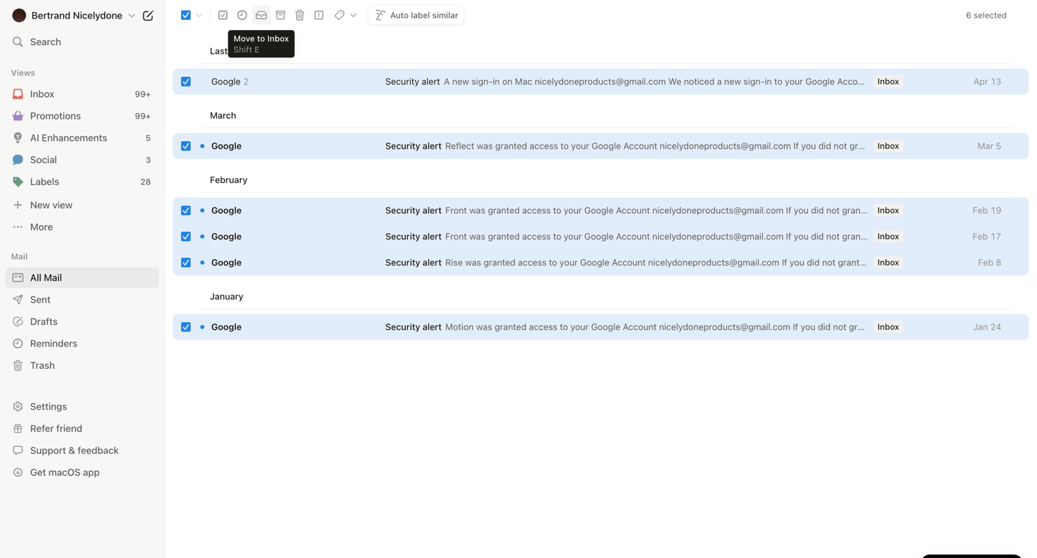 Notion Mail - All Mail • nicelydoneproducts@gmail.com • Notion Mail screen