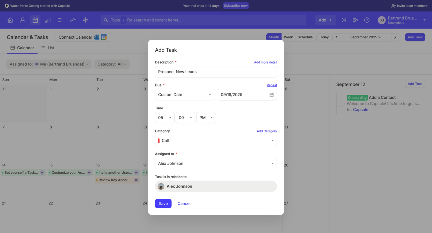 Capsule - Calendar | Nicelydone CRM screen