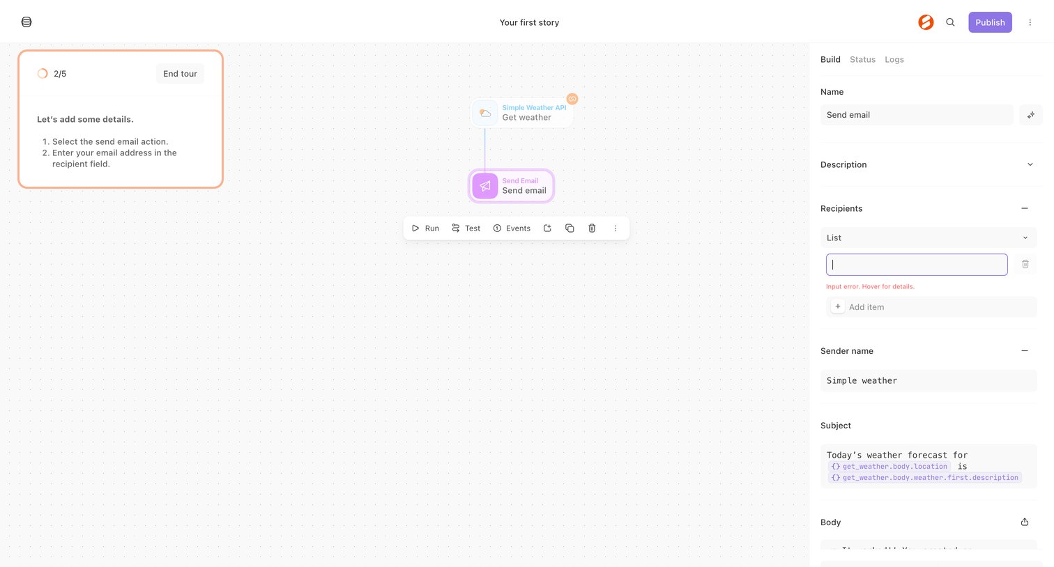 Tines - Your first story - Tines screen